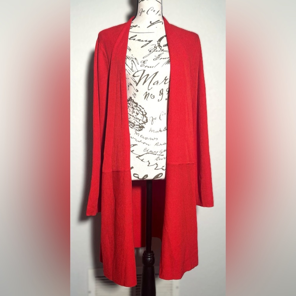 Elegant Anne Klein Poppy Red Monterey Open Front Lightweight Long Cardigan NWT